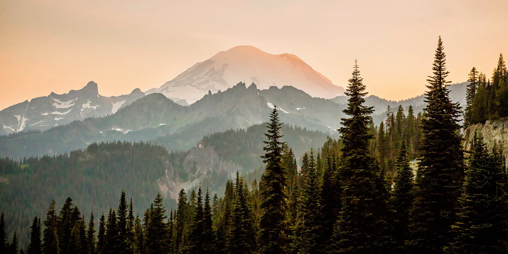Snow-capped volcanic peak glowing at dusk above ridges of dark conifer forest.