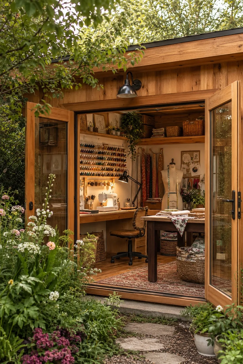 Timber garden studio with its glass doors open onto a sewing room of thread racks, fabric bolts and a dress form.