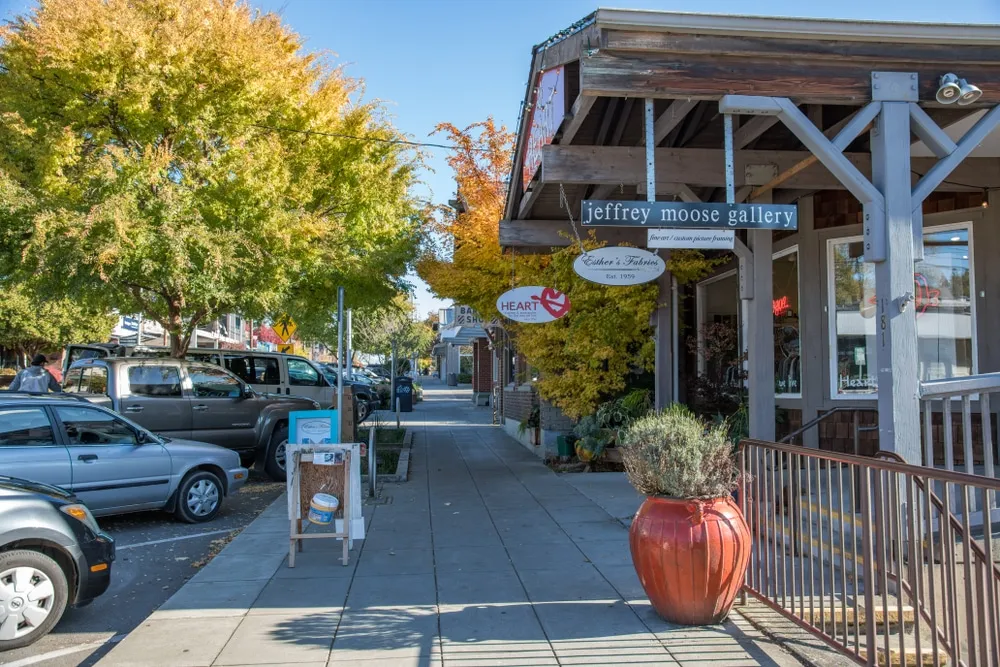 Small-town main street in autumn: a sidewalk under a timber shopfront awning, with parked cars and yellow trees.