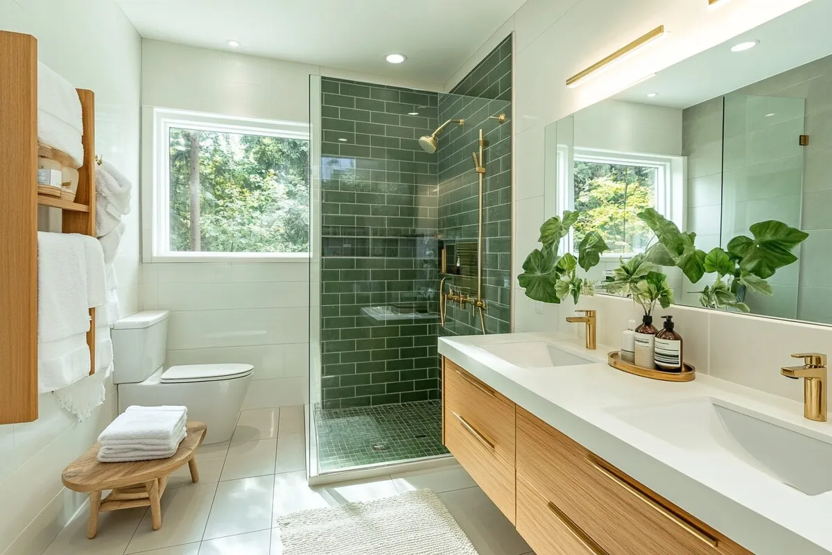 Bathroom with a green-tiled walk-in shower, brass fittings and a double oak vanity beneath a window onto the trees.