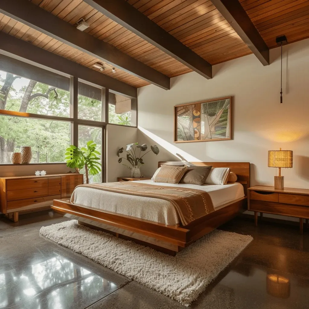 Bedroom with a walnut platform bed under a dark-beamed timber ceiling, a corner window looking into the trees.