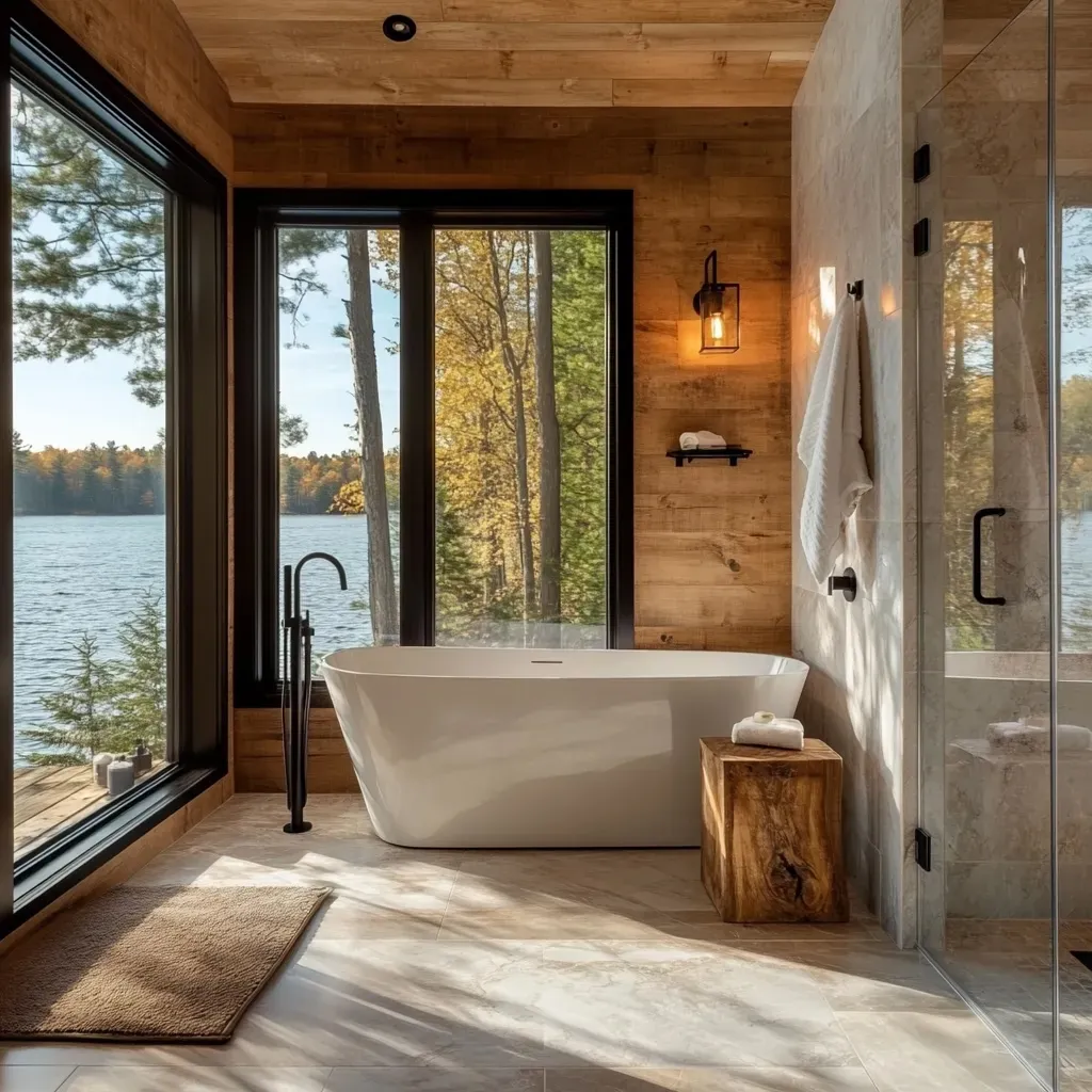 Bathroom with a freestanding tub before tall black-framed windows onto a lake and autumn woods, timber-lined walls behind.