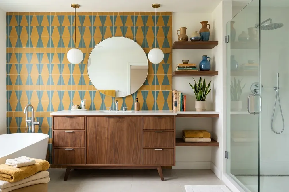 Bathroom with a walnut vanity and round mirror against ochre and teal patterned tile, beside a freestanding tub and glass shower.