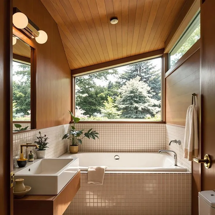 Bathroom with a tiled soaking tub beneath a wide window onto evergreens, under a sloping timber ceiling.