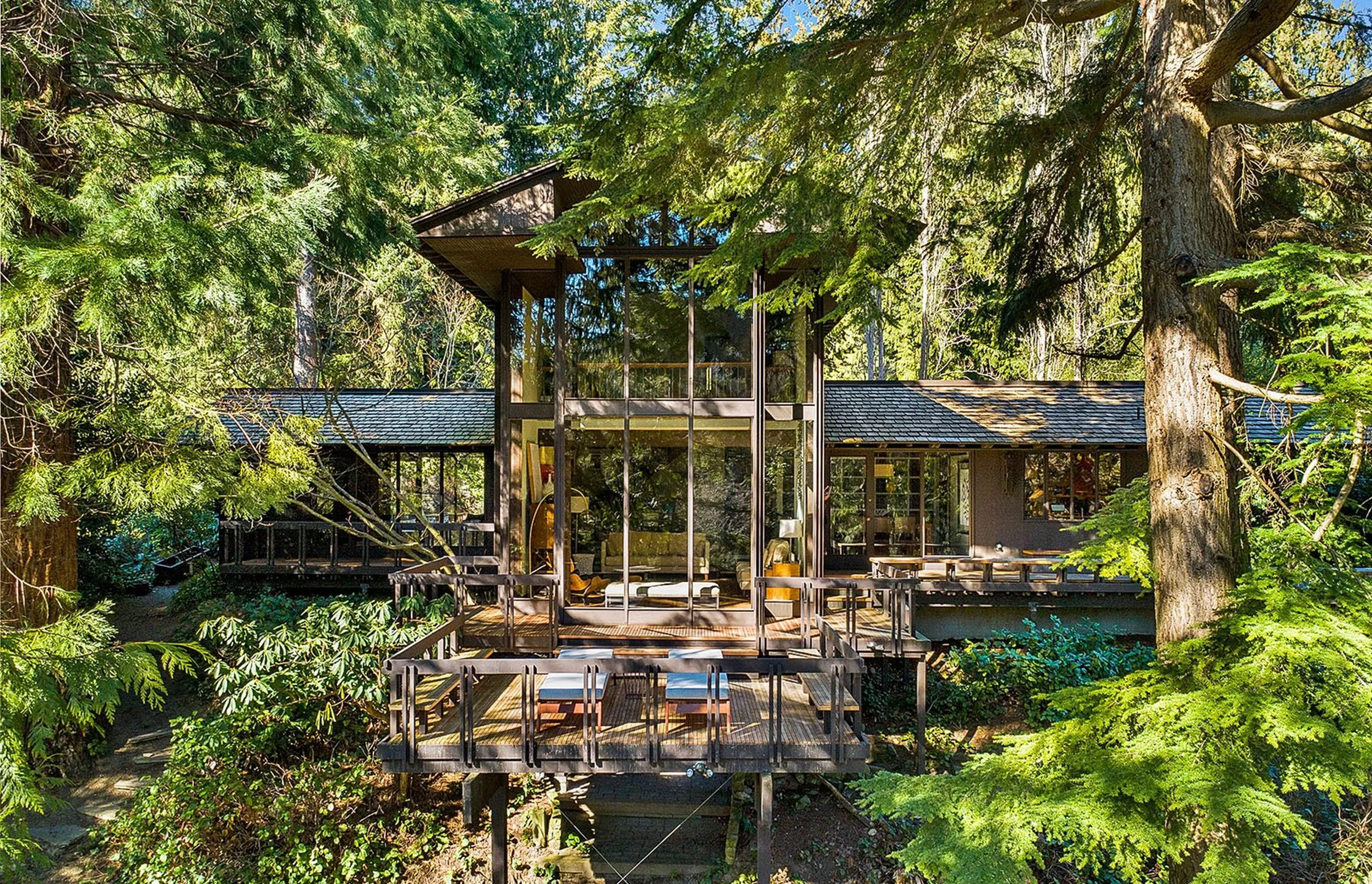 Two-storey glass living room and cantilevered timber decks of a dark-framed house among tall cedars.